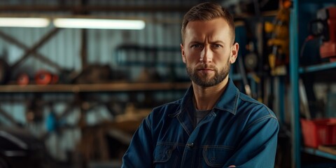 A confident mechanic stands with arms crossed in a well-equipped workshop with tools in the background