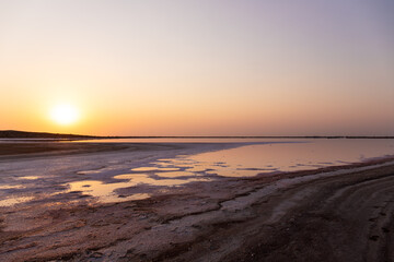 Fototapeta premium Sunset on a salt lake. Neftchala. Azerbaijan.