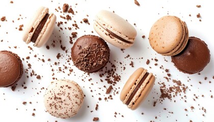 French macaroons arranged in a flat lay view isolated on a white background with cookie crumbs and ample space for copy
