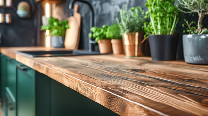 Close up of an empty warm wooden kitchen countertop with sink and faucet, emphasis on texture and craftsmanship. Scene showcase template for promotional items, banner, copy space