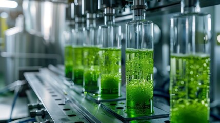 Advanced Laboratory Automation: Green Liquid in Vials on Production Line. Generative ai