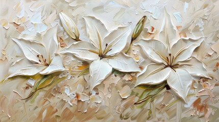 A painting of two white lilies with green stems and leaves