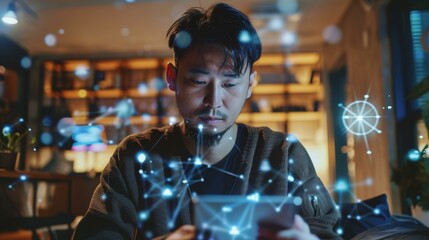 Influencer culture, thoughtful asian man digital tablet at with network connections overlay, glowing hud human idea imagination - Powered by Adobe