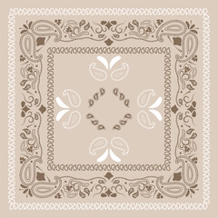 Brown bandana kerchief paisley fabric patchwork abstract vector seamless pattern.
