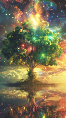 Surreal Dreamland: Starlit Colored Spectrum Bird Tree Reflecting on Dreamlike Landscape