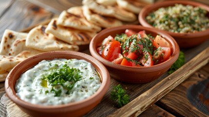 Serving plates, in one of which tzatziki, in the other - fava puree, in the third - small tomatoes with a salad of pearl crackers in Cretan style, sprinkled with herbs. - obrazy, fototapety, plakaty