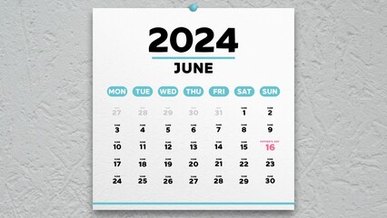 A beautiful June page of the calendar 2024 with the marked date of Father's Day on it