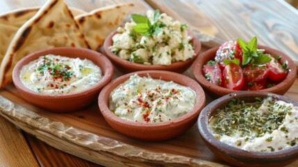 Serving plates, in one of which tzatziki, in the other - fava puree, in the third - small tomatoes with a salad of pearl crackers in Cretan style, sprinkled with herbs. - obrazy, fototapety, plakaty