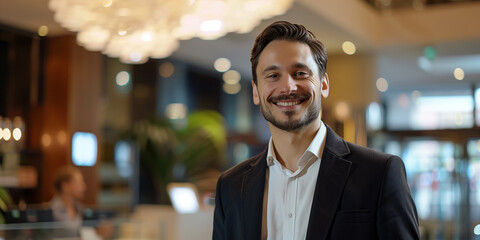 Fototapeta premium Geschäftsmann auf Dienstreise steht in Hotellobby