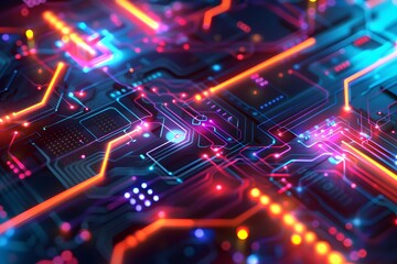 Obraz premium A close-up of a circuit board, a complex web of electronic components connected by traces that transmit data and electrical signals