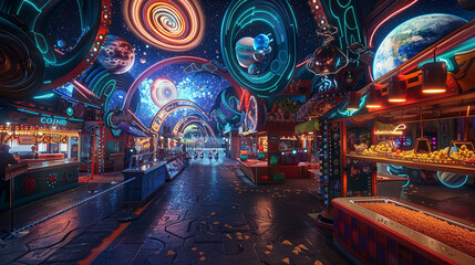 A cosmic carnival where the attractions are gateways to different realms, with rides that spiral...