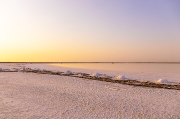  People collect salt by putting it in bags. Neftchala. Azerbaijan.