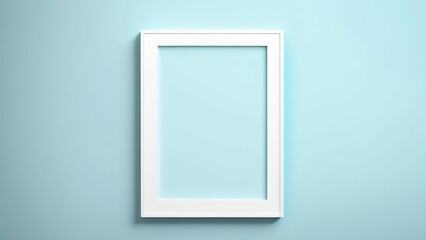 Minimalist white frame mockup hanging on a solid blue wall. Layout for the poster. Spaces for text