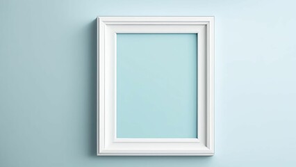 Minimalist white frame mockup hanging on a solid blue wall. Layout for the poster. Spaces for text