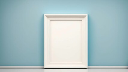 Minimalist white frame mockup hanging on a solid blue wall. Layout for the poster. Spaces for text