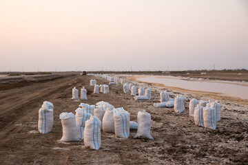 Bags of salt on a salt lake. Neftchala. Azerbaijan.