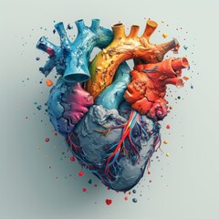 Human heart made of colorful paint splashes. 3d illustration.