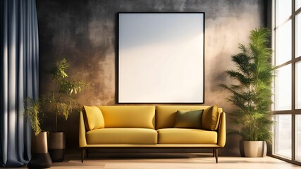 Minimalist monochromatic mockup template poster frame modern living room in bright colors. Interior design concept