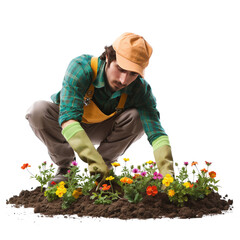 Gardener working in a small flower garden, on a transparent background