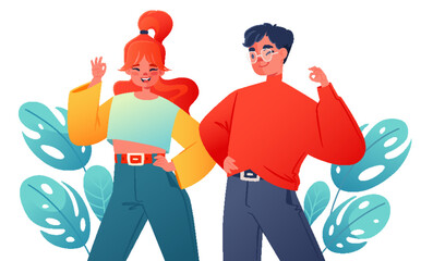 Happy male and female characters showing OK symbol, body language, people showing positive gesture, satisfied cheerful boy and girl emotions, approval gesturing, non-verbal communication