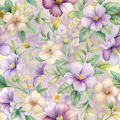 Obraz premium Lavender and Pale Yellow Floral Patterns with Delicate Green Leaves