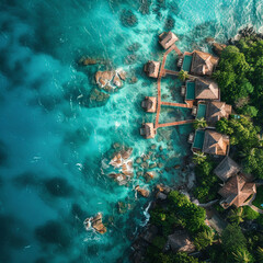 Luxury island vacation, aerial view of a secluded resort with overwater bungalows and crystal-clear...