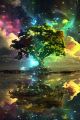 Surreal Dreamland: Starlit Colored Spectrum Bird Tree Reflecting on Dreamlike Landscape