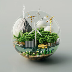 Miniature Ecosystem in Glass Globe Featuring Wind Turbines, Solar Panels, and Lush Forest