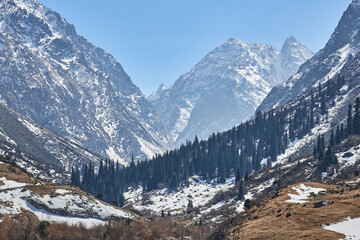 Spring landscape nestled within a majestic mountain valley. The towering peaks, cloaked in snow....