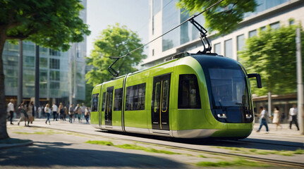 Naklejka premium Electric green tram driving on street in green city downtown. Eco friendly sustainable public transport