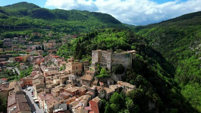 scenic traditional medieval villages and castles of Italy - charming Arsoli, Lazio region. Aerial drone 4k hd video