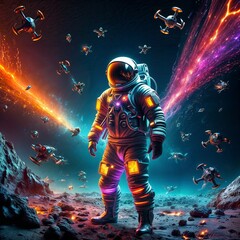 Astronaut on a planet in space with drones surrounding in electric blue darkness