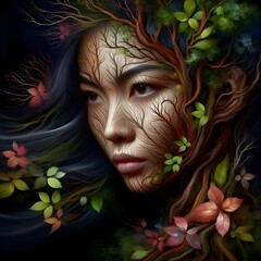 Emotive photorealistic portrait: Woman’s face with tree and root, expressing pain and sorrow.