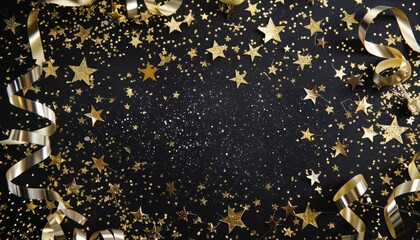 Gold star decorations streamers and noisemakers on a black background during New Year s Eve