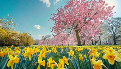 Gorgeous pink cherry tree blossoms and yellow daffodils in a colorful spring park