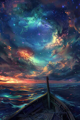 Obraz premium fantasy art of ocean from the bow of a ship, with multicolored energy swirls like bioluminessence in the sky and in the water