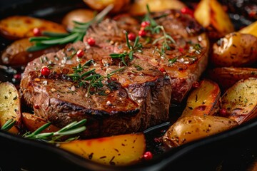 Gourmet roasted beef steak with potatoes and vegetables on a skillet
