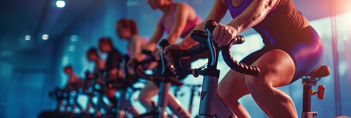 A group of people are seen cycling in sync during an intense indoor cycling session, depicting energy and fitness