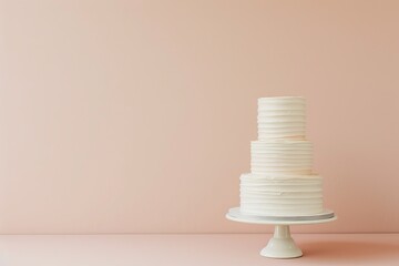 Elegant multi-tiered white cake on a stand on a pink background. Concept for celebrating birthday, anniversary, wedding.