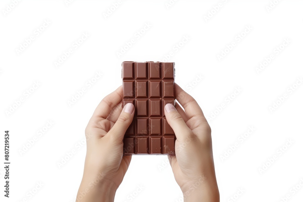 Canvas Prints Hand holding chocolate bar on white background