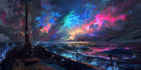 fantasy art of ocean from the bow of a ship, with multicolored energy swirls like bioluminessence in the sky and in the water