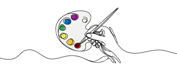 palette with paints and a hand with a brush drawn one line on a white background.