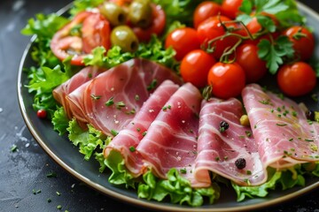 Ham with tomatoes or olives and lettuce on a plate