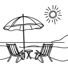 Beach umbrella and two chairs in one continuous line drawing.
