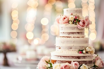 Gorgeous multi-tiered cake decorated with roses
  against the backdrop of blurry lights in a cafe. Concept for celebrating a birthday, anniversary, wedding.