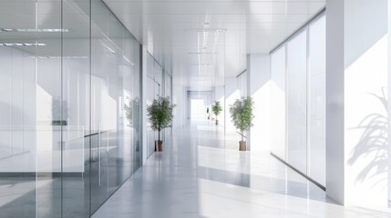 White open space office corridor with mock up wall hyper realistic 