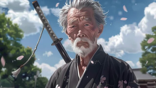An old samurai grandfather with a katana proudly stands in the wind with an open torso. 2D animation. anime. Animations