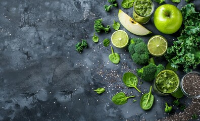 Healthy food and drinks concept Green smoothie with organic ingredients Overhead view copy space
