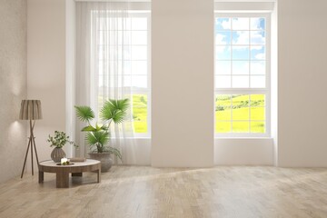 White empty room with summer landscape in window. Scandinavian interior design. 3D illustration