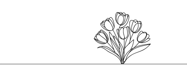 Continuous one line drawing tulips. Spring concept. Single line draw design vector illustration